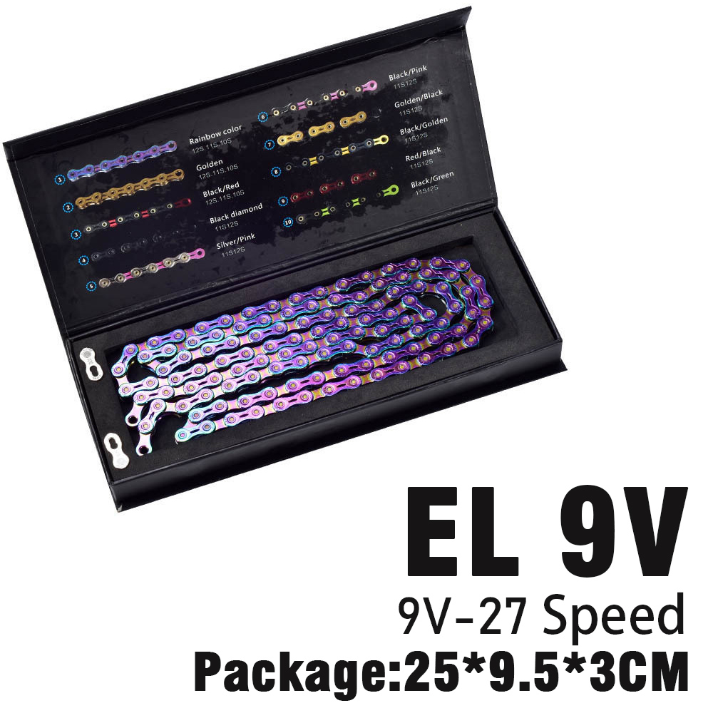 SUMC-cadenas de colores para bicicleta de montaña, accesorios para bici de 9V, 10V, 11V y 12V, cadena de arcoíris plegable con hebilla mágica: EL 9V