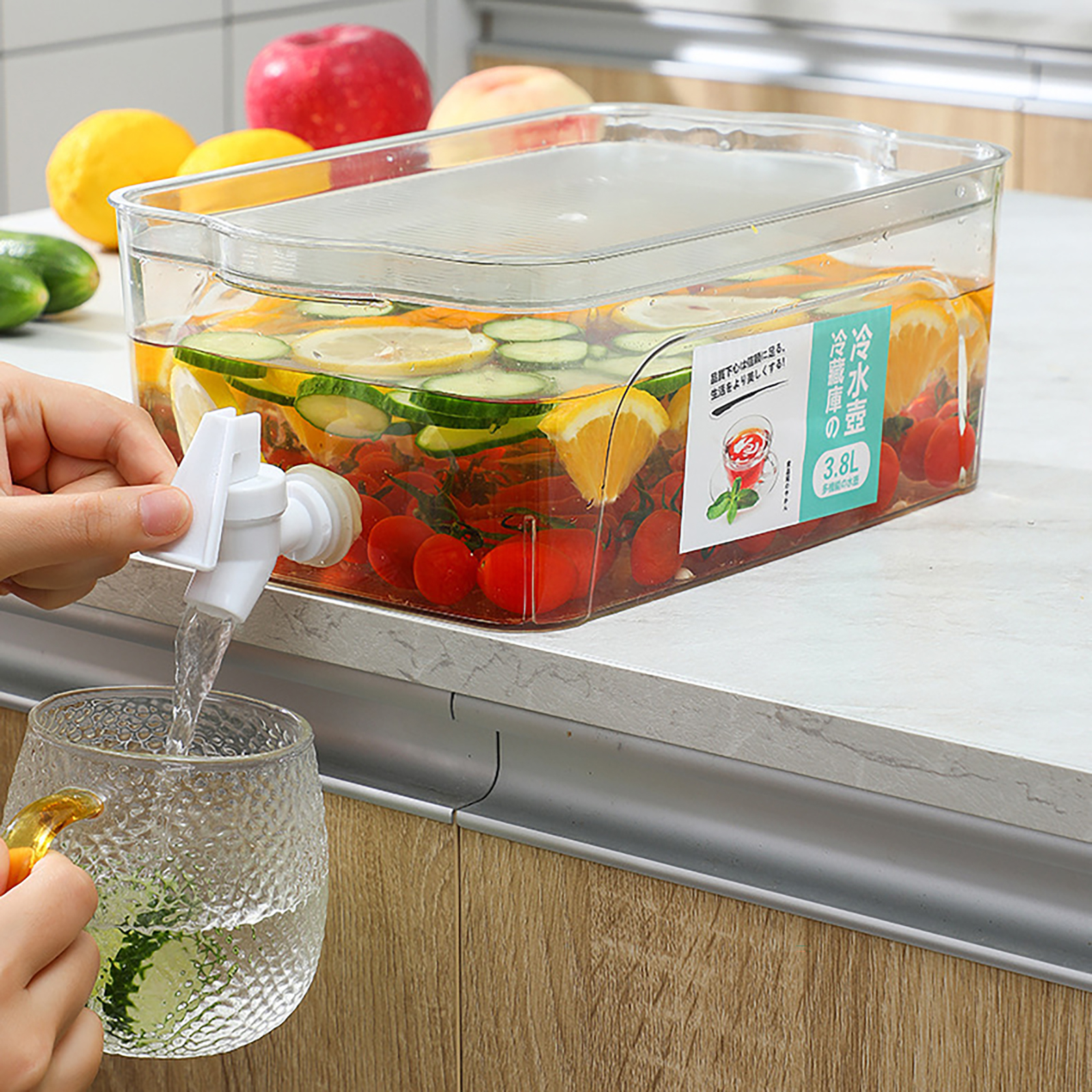 3.8L Large Capacity Beverage Dispenser Plastic Water Juice Drink Pitcher Box with Tray for Fruits Leak Proof Drink Dispenser