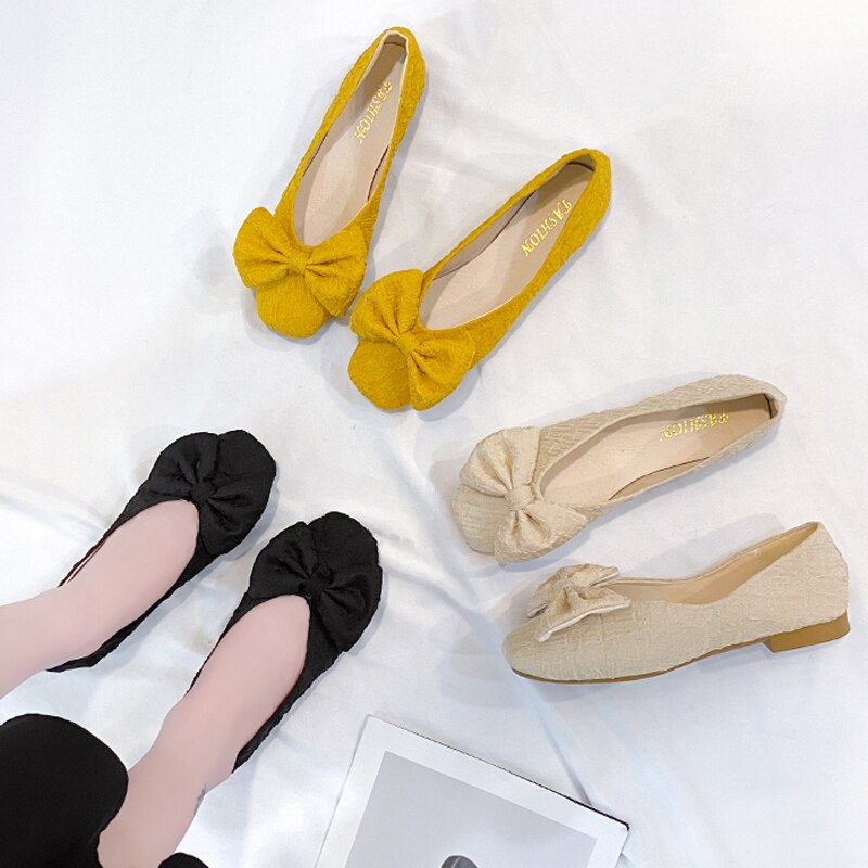 Chaussures plates en cuir avec nœud papillon pour femmes, ballerines de fête à bout carré, taille 35-40, peu profondes, vc2627