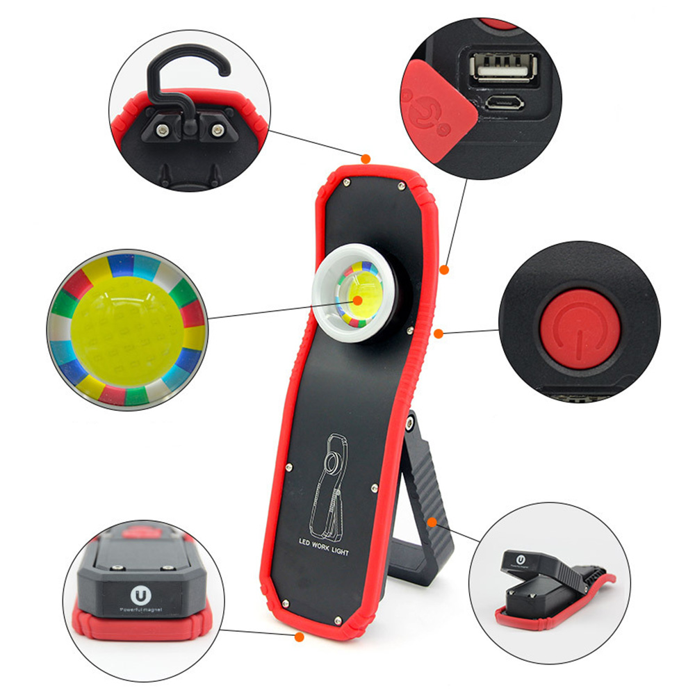 Lampe torche LED COB à crochet, Rechargeable par USB, idéale pour le travail ou le Camping, 60w