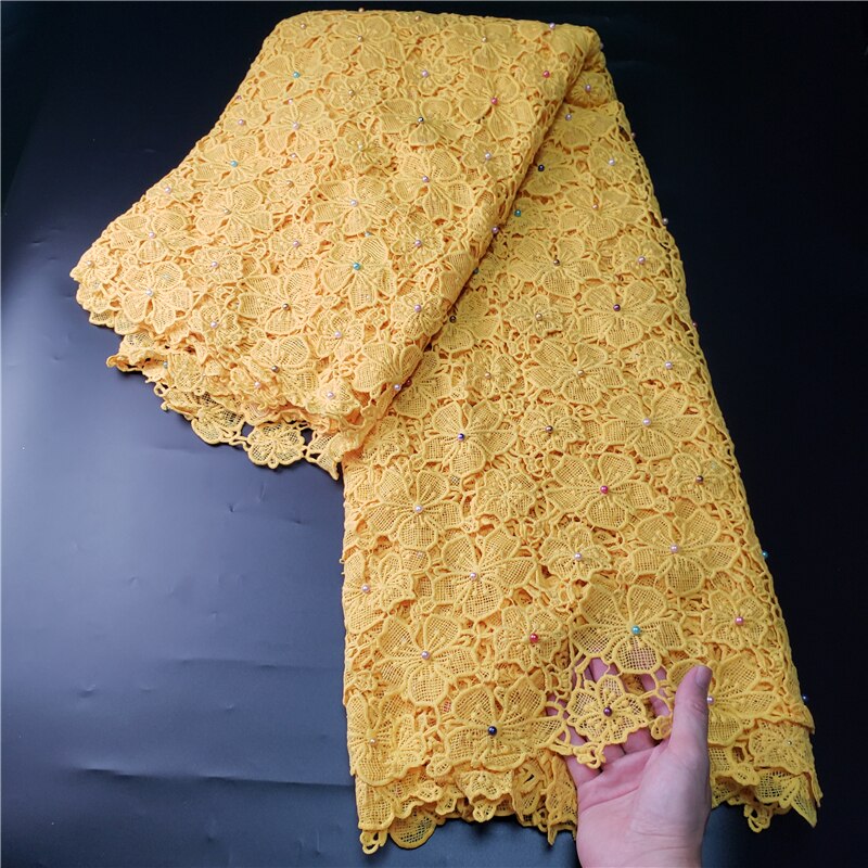 Encaje de guipur para vestido de nigeriano, tejido de cordón bordado africano clásico, muy suave, color amarillo, con cuentas, NN811: yellow with beads
