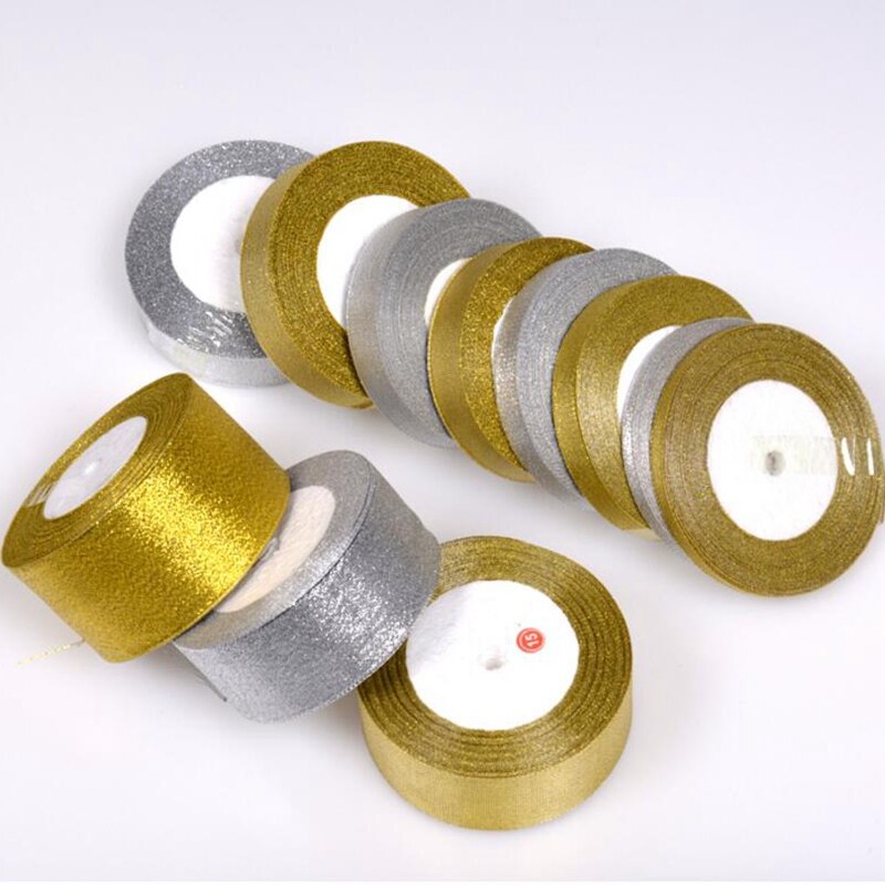 Goud Zilver Lint 25 Yards 22M Metalen Shiny Voor Bruiloft Kerst Decoratie Diy Craft Cake Boog Verpakking lint