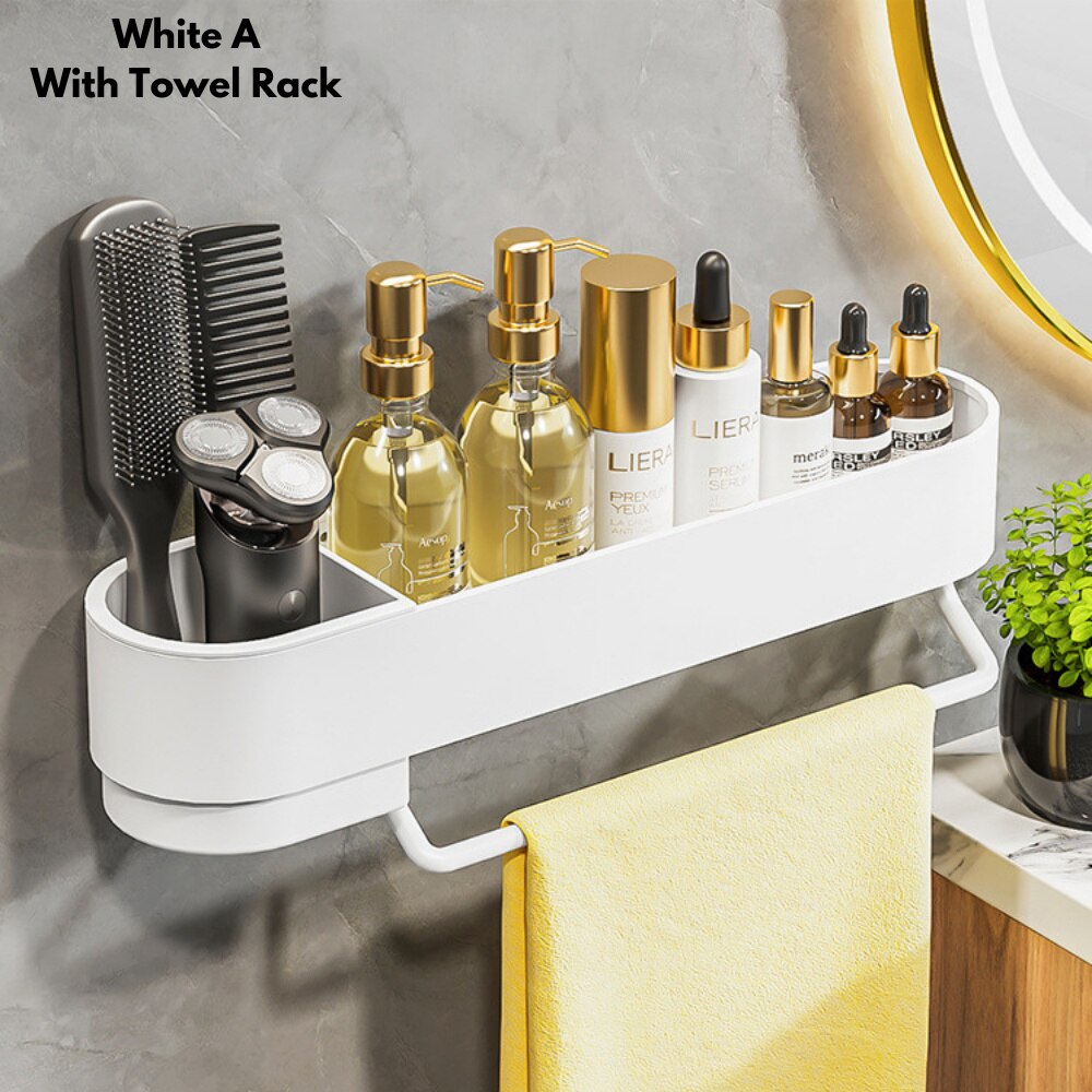 Étagère d'angle de salle de bain, sans perçage, pour cosmétiques, shampoing, douche, support de rangement, organisateur de toilette, accessoires de salle de bain: White A with Rod
