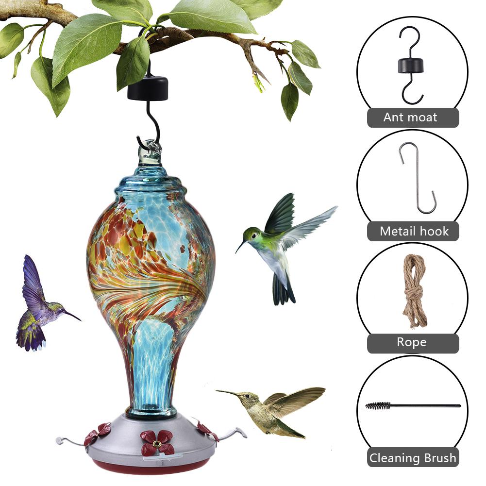 Bird Feeder Hand-blown Glass Hanging Hummingbird Feeder Garden Wild Bird Drinking Fountain Feeding Station Food Container: Blue