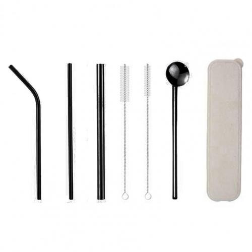 7Pcs/Set Dinnerware Set Reusable Stainless Steel Straws Spoon Drinking Flatware with Cleaning Brush Storage Box Cutlery Set: black