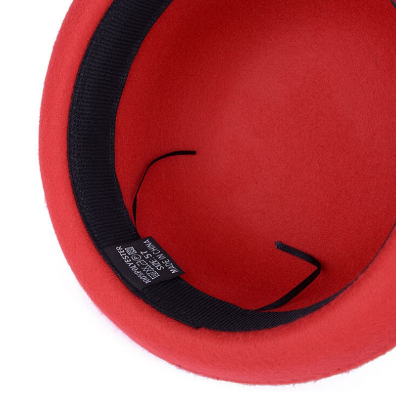 Fall Winter Women Girls Fedoras Hat British Vintage Wool Felt Hats Chapeau Top Church Cap Black Red Solid Bowler Caps
