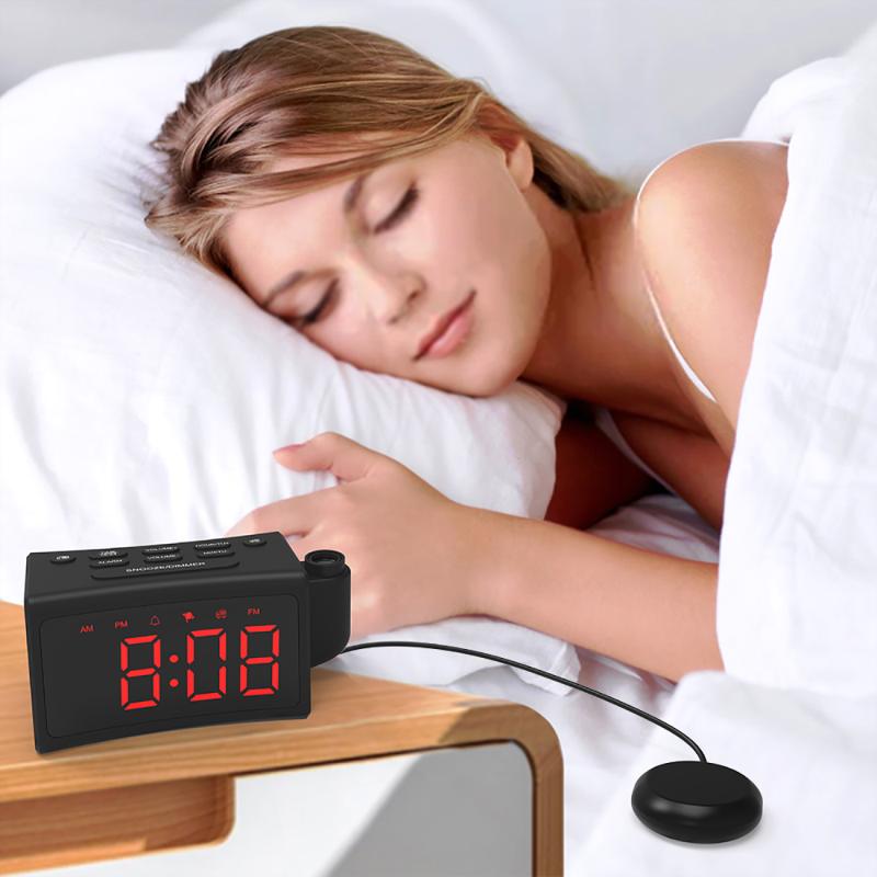 180°Rotating Digital Projection Curved Radio Alarm Clock Radio + Projection + Single Alarm Clock + Vibration for Heavy Sleepers
