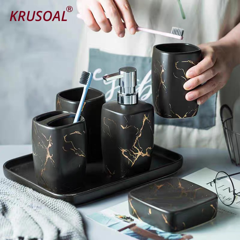 Marmer Keramiek Badkamer Set 5Pcs Zeepdispenser/Tandenborstel Houder/Tumbler/Zeepbakje Lade Badkamer Decoratie accessoires