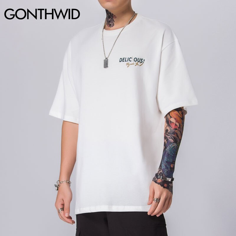 GONTHWID Puffer Fisch Ramen Drucken Kurzarm T Hemden Harajuku Hüfte hüpfen lässig Streetwear T-Hemden Hemd Herren Sommer zu