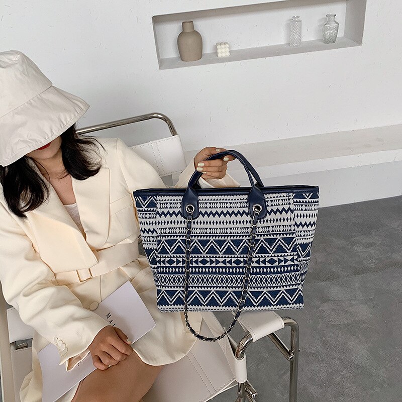 Canvas Women Large Capacity Tote Bags Prints Shopping Bags Ladies Chain Shoulder Bag