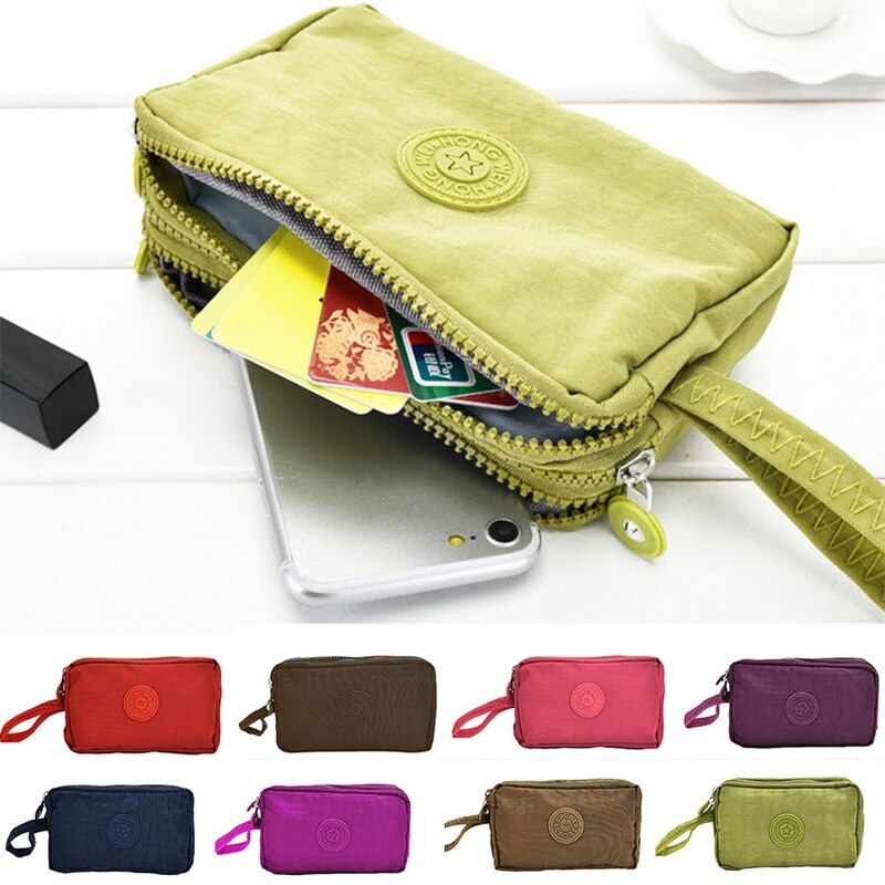 Bolso de teléfono de lona de 3 capas para mujer, cartera corta de tres capas con cremallera, monedero para tarjeta, ,