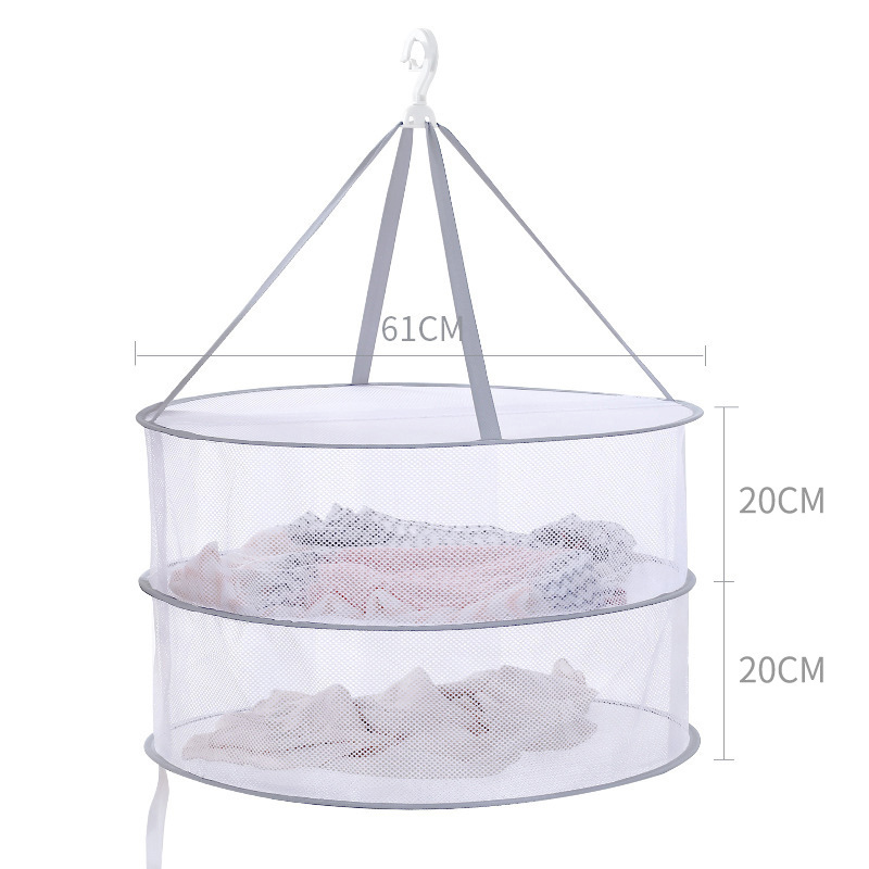 Grey Double-Layer Clothes Drying Net Collapsible Windproof Clothes Basket Polyester Breathable Dry Socks Drying Rack Laundry: 61cm 2 layers-A