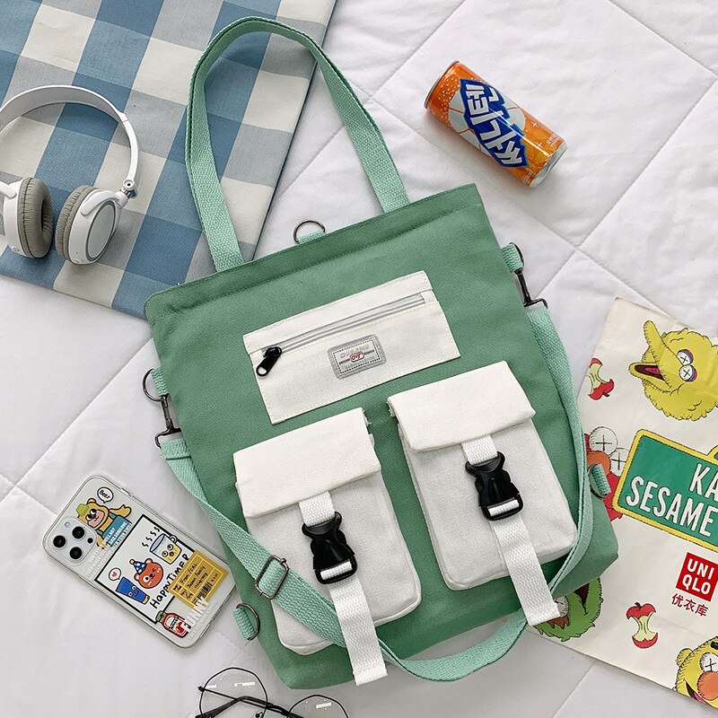 Student Backpack Book Bag Large-capacity Canvas School Class Female Bag Girls Canvas Shoulder Messenger Crossbody Bag: Green