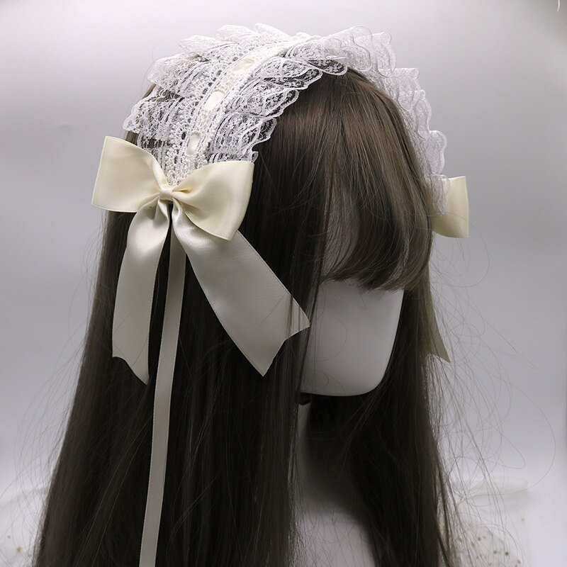 Petit bandeau Lolita japonais fait à la main, ornement pour cheveux de femme de ménage, clip latéral, accessoires pour cheveux doux: White Lace And Beige