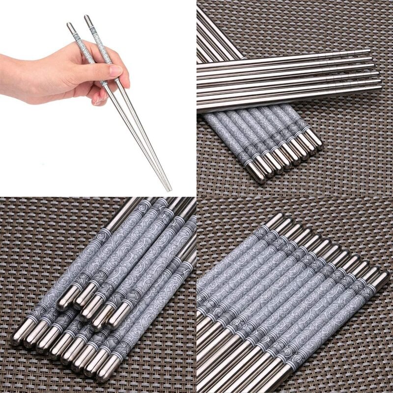 Five Pairs 22cm Metal Non-Slip Retro Blue White Porcelain Pattern Stainless Steel Chopsticks JDZ Sushi Sticks Convenient