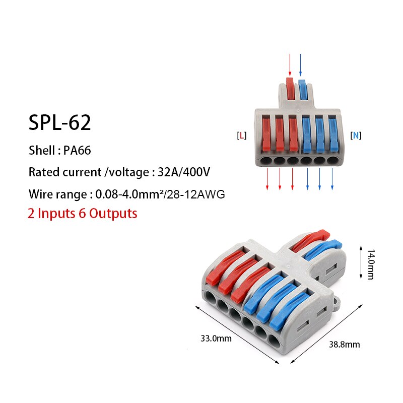 5/10pcs/Lot SPL-42/62 Mini Fast Wire Connector Universal Wiring Cable Connector Push-in Conductor Terminal Block DIY YOU: SPL-62 / 5PCS