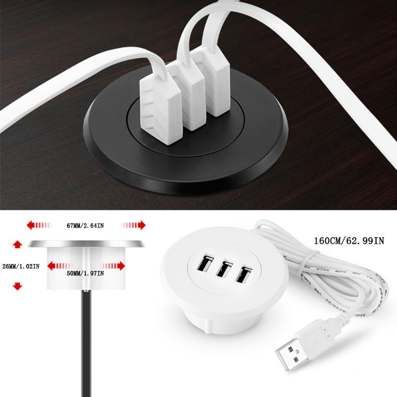 5cm Grommet Hole In-Desk Mounting 3 Ports USB 2.0 Hub For Laptop PC Computer