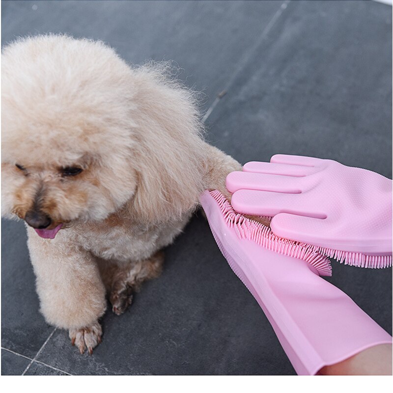 Guante de goma con pincel para mascotas que se derrama de forma suave y eficiente, guante de baño para perros, guante de limpieza para perros, cepillo de baño
