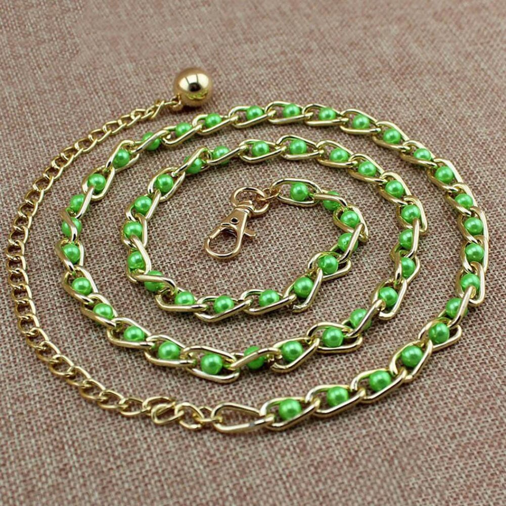 Women's Candy Color Pearl Beads Metal Thin Waist Belts Luxury Brand Harajuku Slim Chain Belt Dress Accessories Cinturon Mujer: Green  
