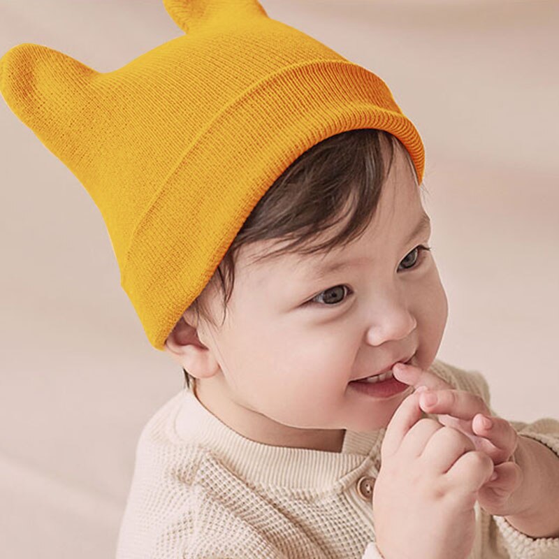 Sød ensfarvet babyhue med ører efterår vinter varm kid strikket hue til baby pige dreng blød spædbarn småbørn hue foto rekvisitter