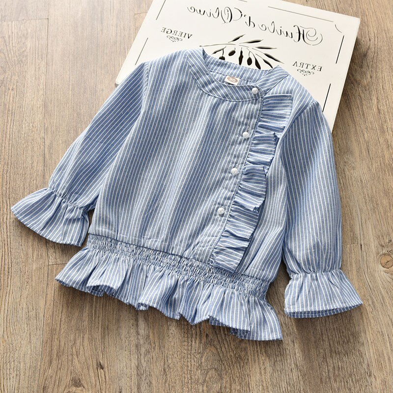 Blusa de encaje con volantes para niña, camisa de manga larga de algodón a rayas para niño, tops, prendas de vestir para niño de 2 a 8 años: blue / 3 años