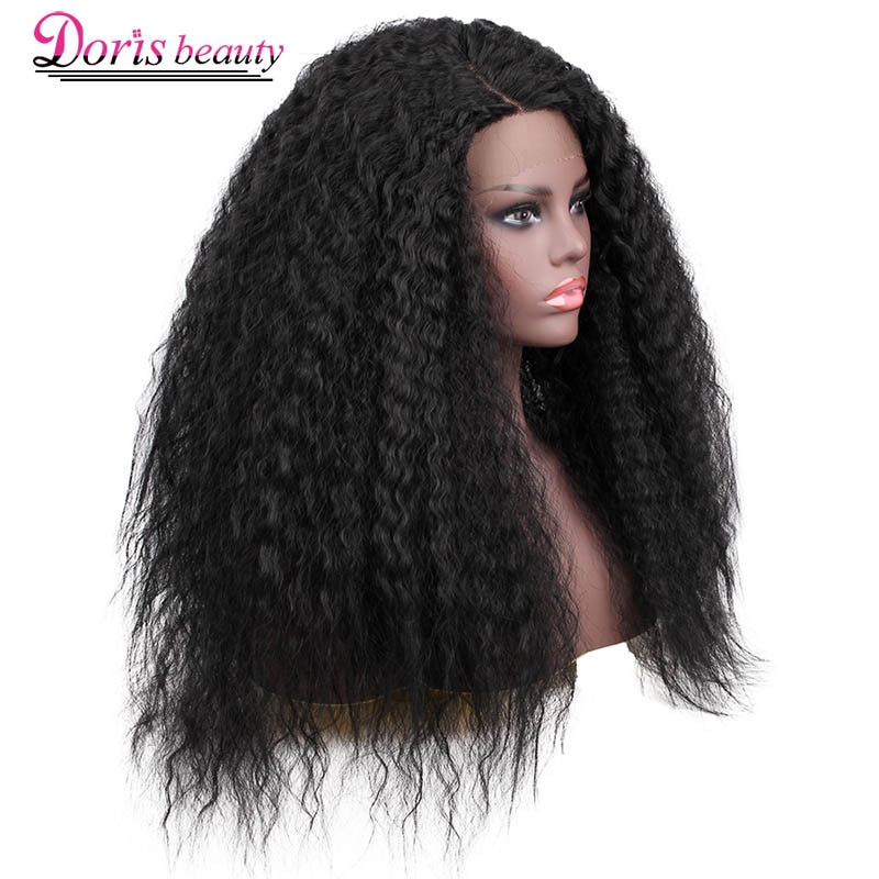 Doris schoonheid 16 inch Lace Front Pruik Lange Afro Kinky Krullende Pruik Synthetische Zwarte Pruiken voor Vrouwen
