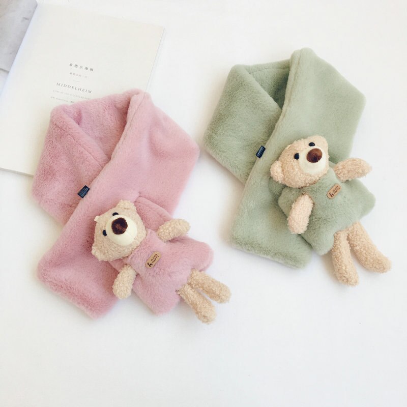 Autumn Winter Girls Warm Fleece Scarf with Bear Kids Fleece Scarves