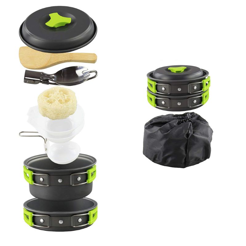 Draagbare Camping Kookgerei Puinhoop Kit Vouwen Kookset Voor Wandelen Backpacken 10 Stuk Lichtgewicht Duurzaam Pot Pan Bowls Spork Met