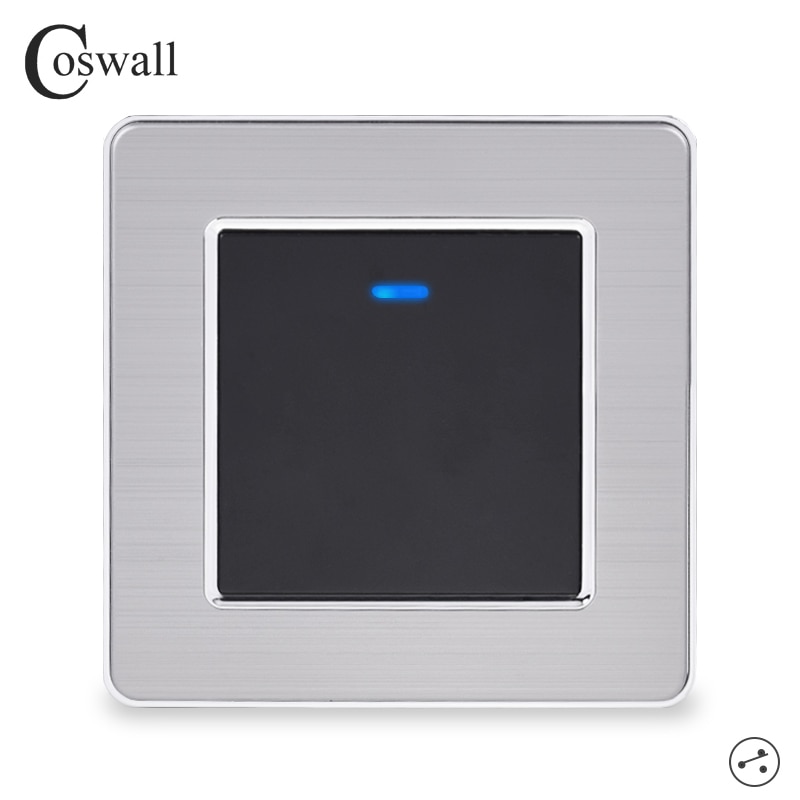 Coswall 1 Gang 2 Way Light Switch On / Off Wall Switch With LED Indicator Pass Through Switch Switched Stainless Steel Panel