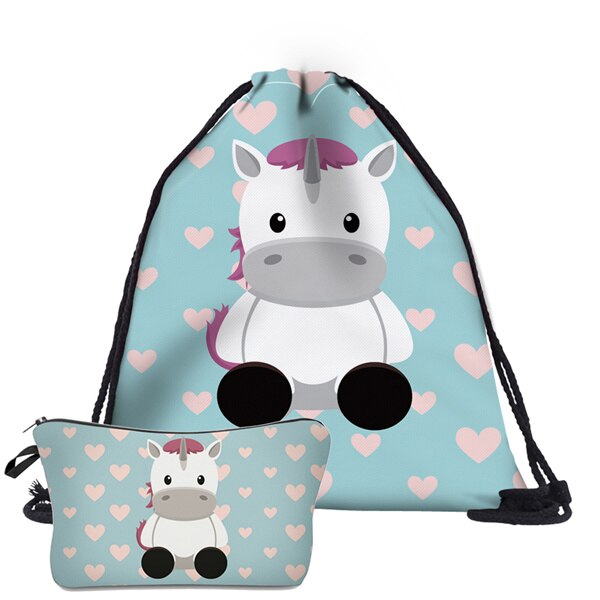 Deanfun mochilas escolares fofas de cordão, 2 peças, unicórnio, estampado, multifuncionais para meninas: 005