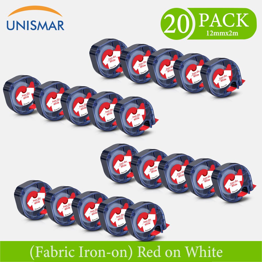 Unismar Fabric Iron-On Label Tape - 12mm x 2m - Compatible with Dymo LetraTag Printers: 20PK Red on White
