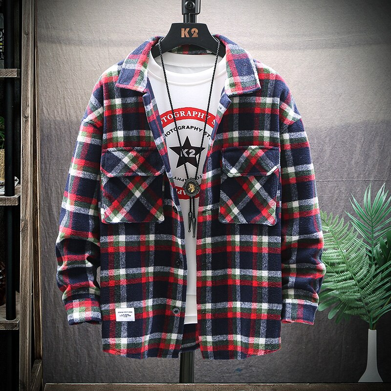 Efterår vinter flannel skjorter herre langærmet plaid streetwear ulden varm casual plus vintage lommeskjorte chemise homme: Rød / 4xl