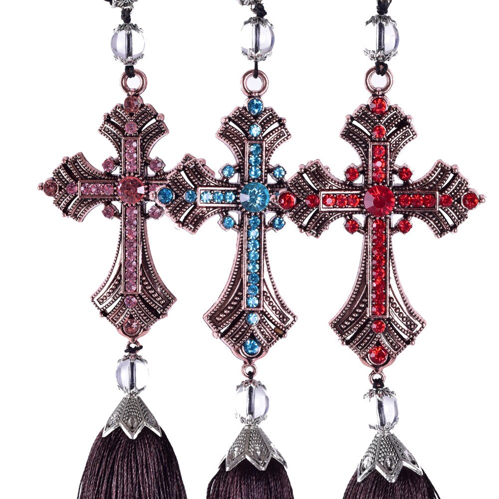 Metalen en kristallen diamanten kruis jezus christelijke auto achteruitkijkspiegel auto hanger hangende auto styling accessoires auto decoratie