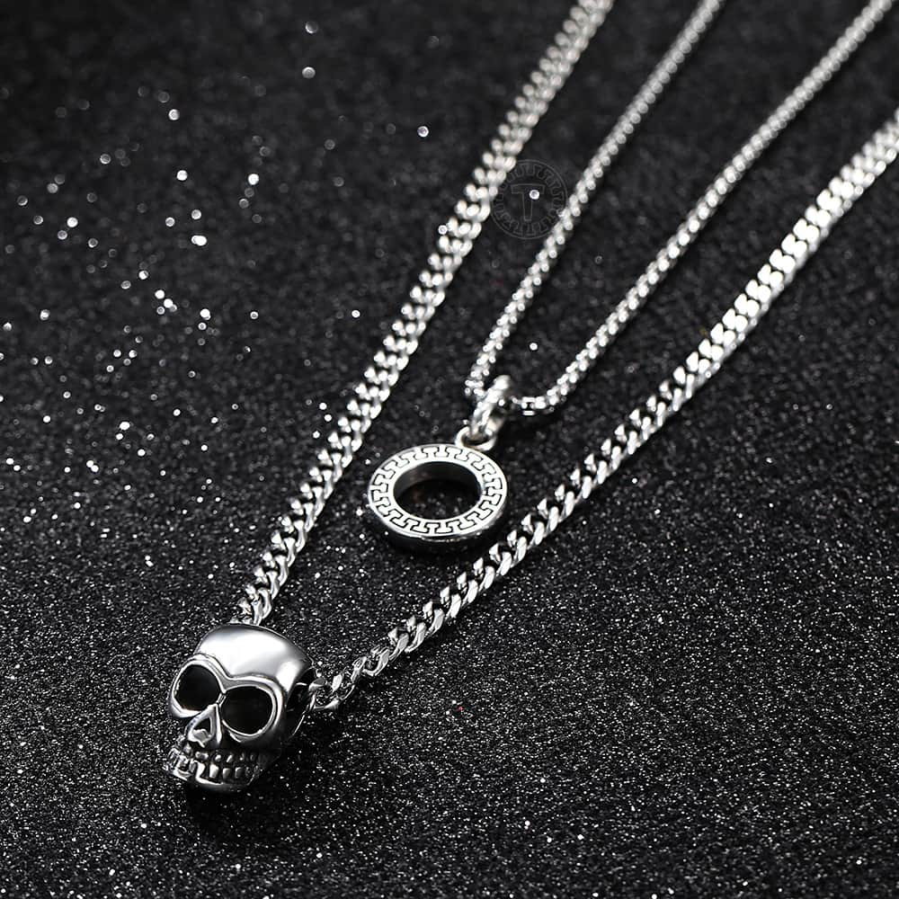 Double layer Circle Skull Pendant Charm Choker Necklace Men Women Vintage Punk Curb Cuban Link Chain jewelry TNS015