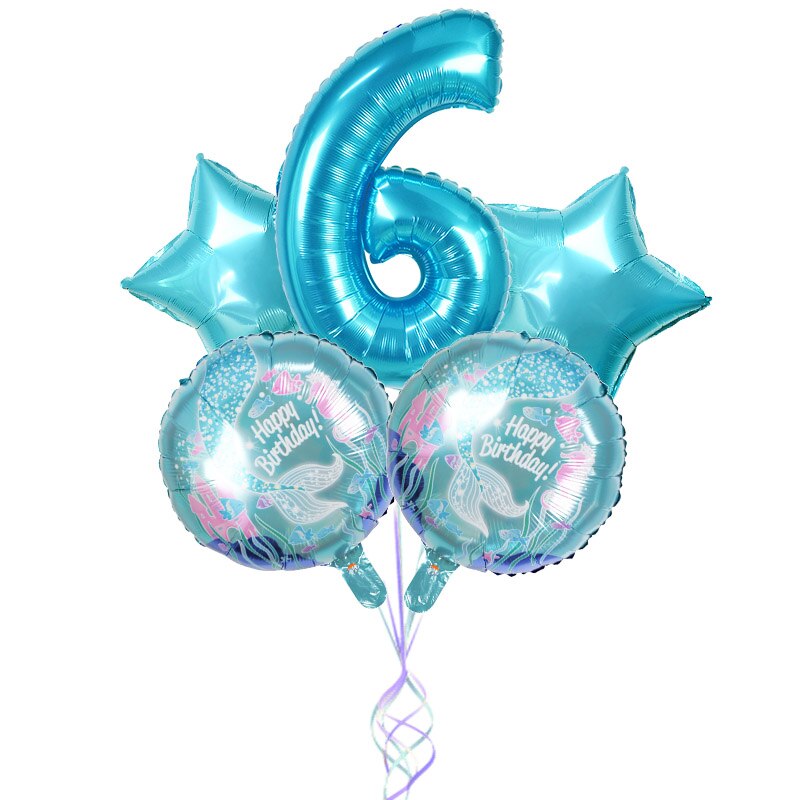 5Pcs Mermaid Theme Party Foil Balloons Little Mermaid Balloon Kids Birthday Party Decorations Mermaid Baby Shower Supplies: Number6 set