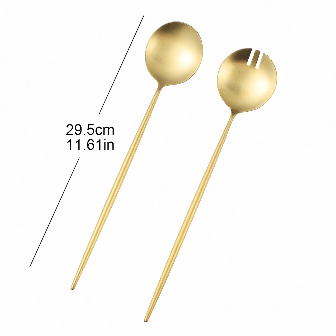 304 Stainless Steel Serving Spoon Set Kitchen Large Salad Spoon Fork Cutlery Set Dinning Server Steel Utensils Salad Scoop Fork: gold