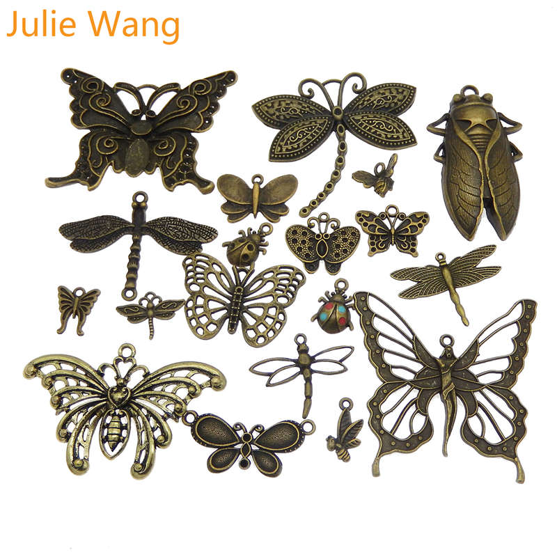 Julie Wang 10 Stuks Willekeurig Mix Vlinder Dragonfly Charms Lichtmetalen Insect Antieke Kleur Ketting Armband Sieraden Maken