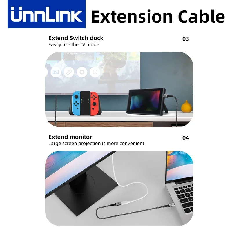 Unnlink USB C Verlengkabel Type C Extender Compatibel met Thunderbolt 4/3 USB4.0/3.2/3.1 Snel opladen voor MacBook 8K 4K