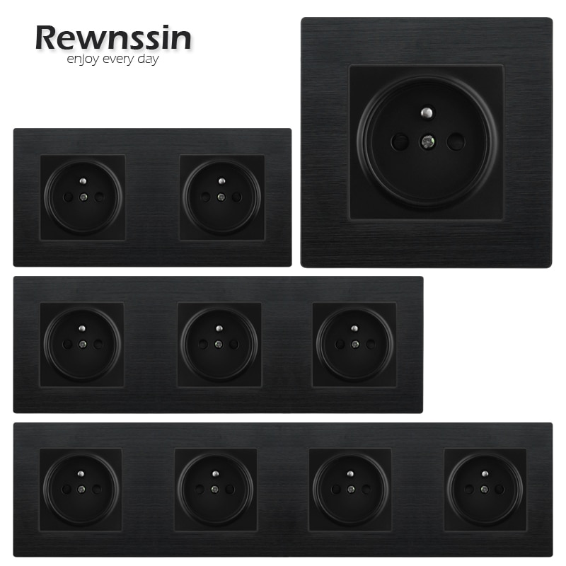 French Power Socket AC110V-250V Standard Plug Wall Socket Single/Double/Triple/Quadruple Socket Black Brushed Aluminum Panel