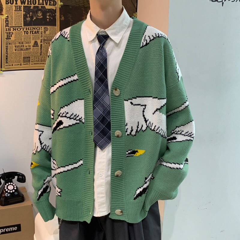 Strik til mænd cashmere cardigan sweater 4 farver frakker strikket tøj print afslappet i varme uld sweatere m -2xl: Grøn / Xxl