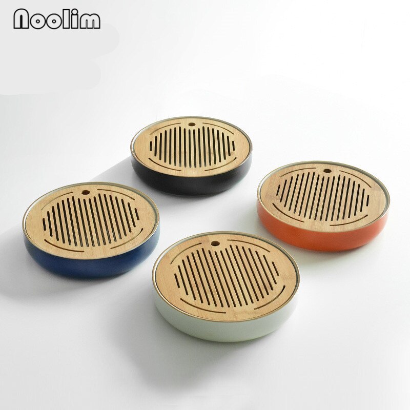 Ceramic Round Tea Tray Chinese Handmade Storage Holder Japanese Style Wooden Crafts Teahouse Table Teapot Tray Ornaments