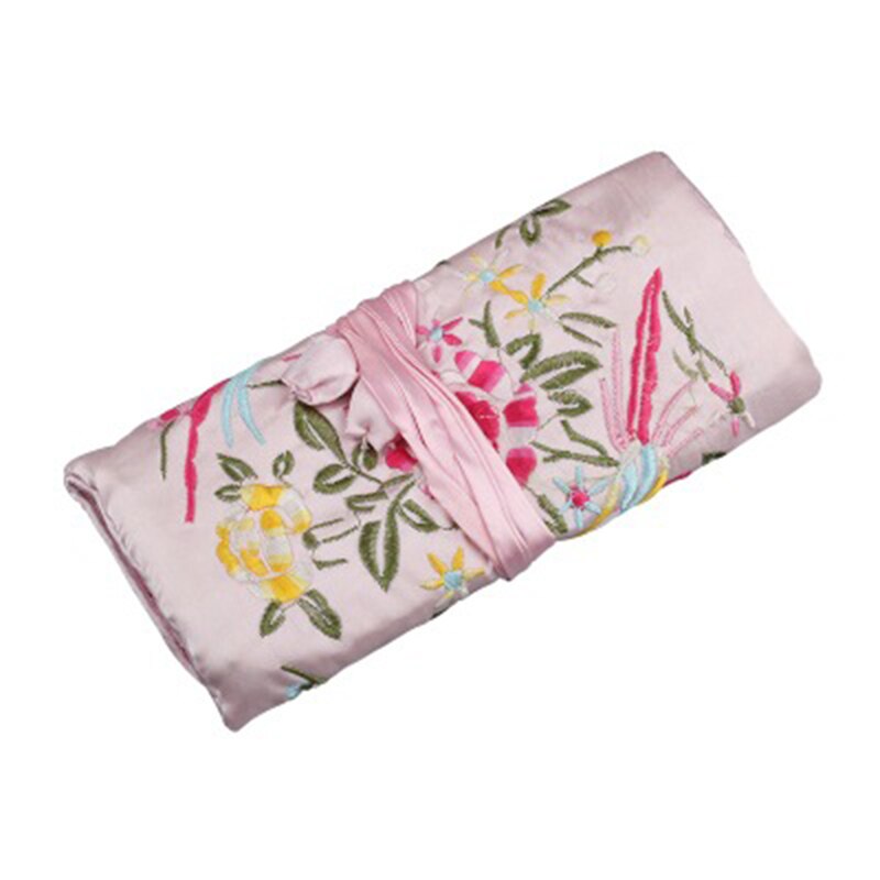 Portable Ladies Travel Jewelry Roll Bag Embroidery Jewelry Packaging Bag Women's Jewelry Organizer Case Pouch: Pink