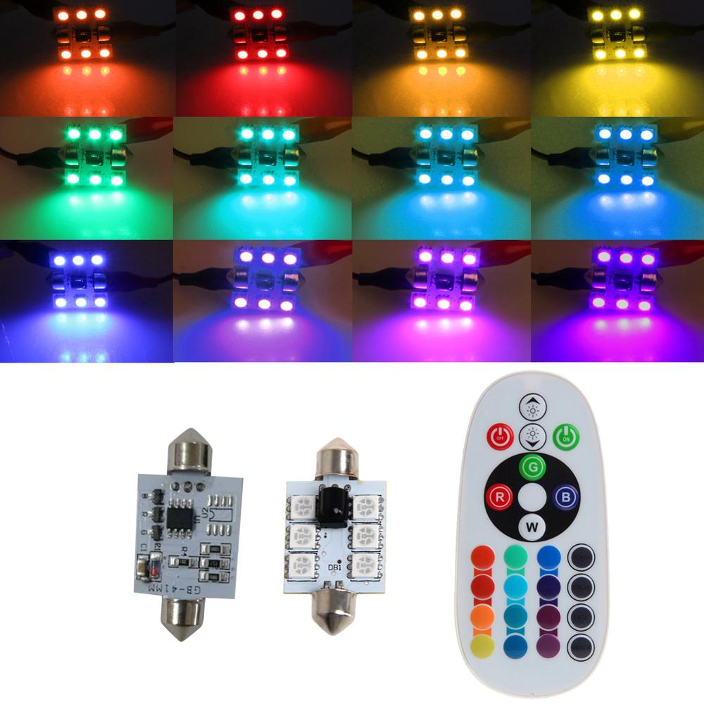 1 Paar 42Mm Dc 12V 5050 6 Led Rgb Led Kaart Dome Auto Interieur Licht + Afstandsbediening