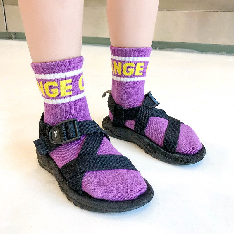 Chaussettes pour enfants 1 paire | Chaussettes en coton, multicolores, rayées avec des bandes parallèles et des lettres, pour garçons de 1 à 8 ans, sélection