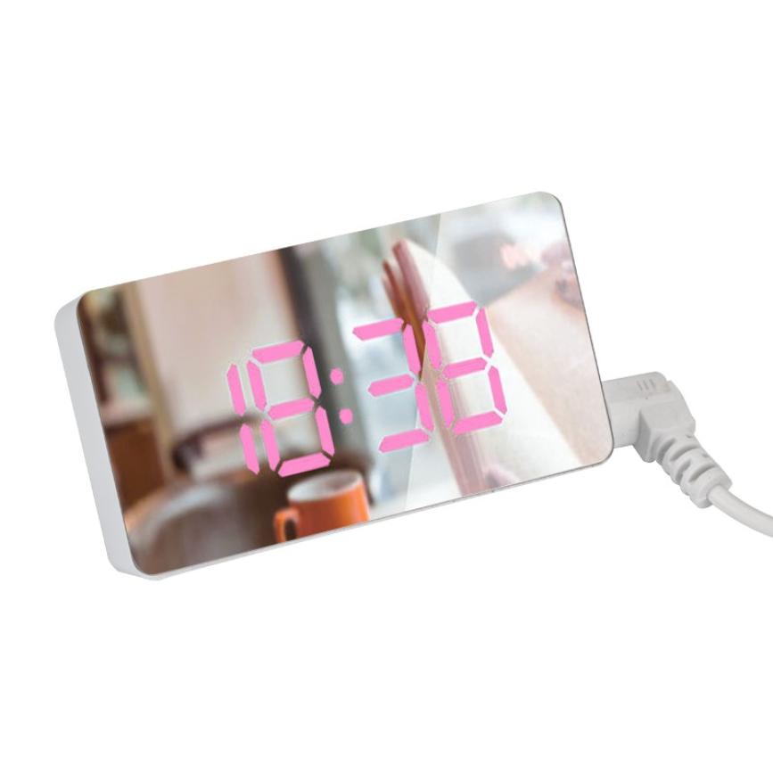 Mini LED Mirror Digital Table Alarm Clock Wake Up Light for Home Time Temperature Display Electronic Desktop Clock будильник: Pink