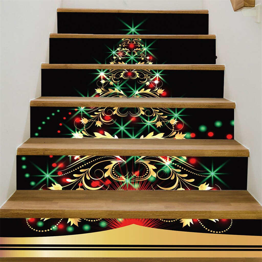 40#  jul 3d simulering trappemærkat vandtæt vægmærkat diy hjemindretning julemanden trappemærkater gulv trappestok: F