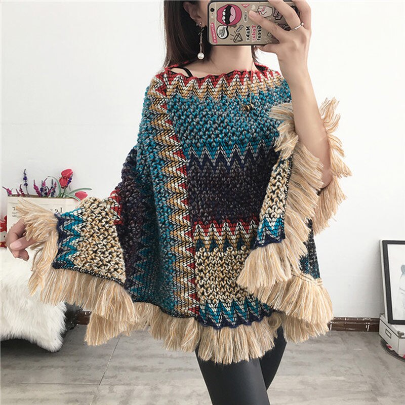 Poncho à Cape pour femmes, Cape à Cape, tricot doux, rayé, Chevron avec pompon, bohème, écharpe, hiver pour femme,