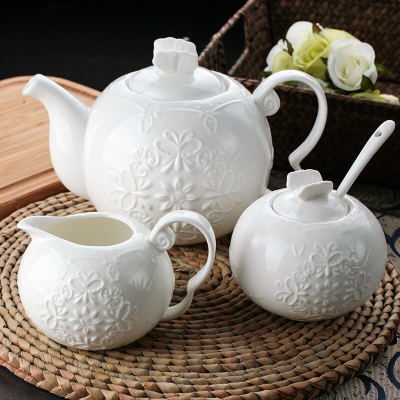 Butterfly Flower Teapot, Milk Pot, Sugar Pot Set Ceramic Bone Porcelain Pure White Porcelain Afternoon Tea, European Lace Coffee