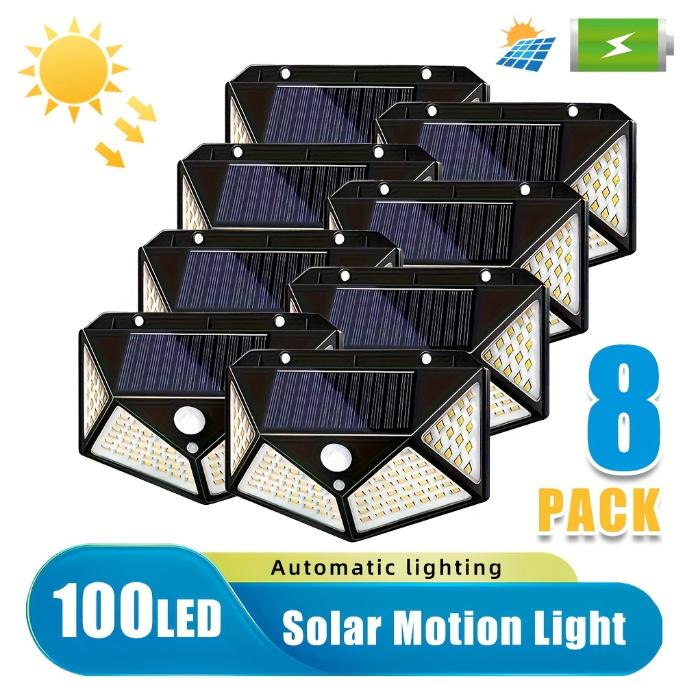 1-8 Pcs Outdoor 100 LED Solar Wall Light PIR Motion Sensor Sunlight Street Garage Light Waterproof Garden Courtyard Decoration