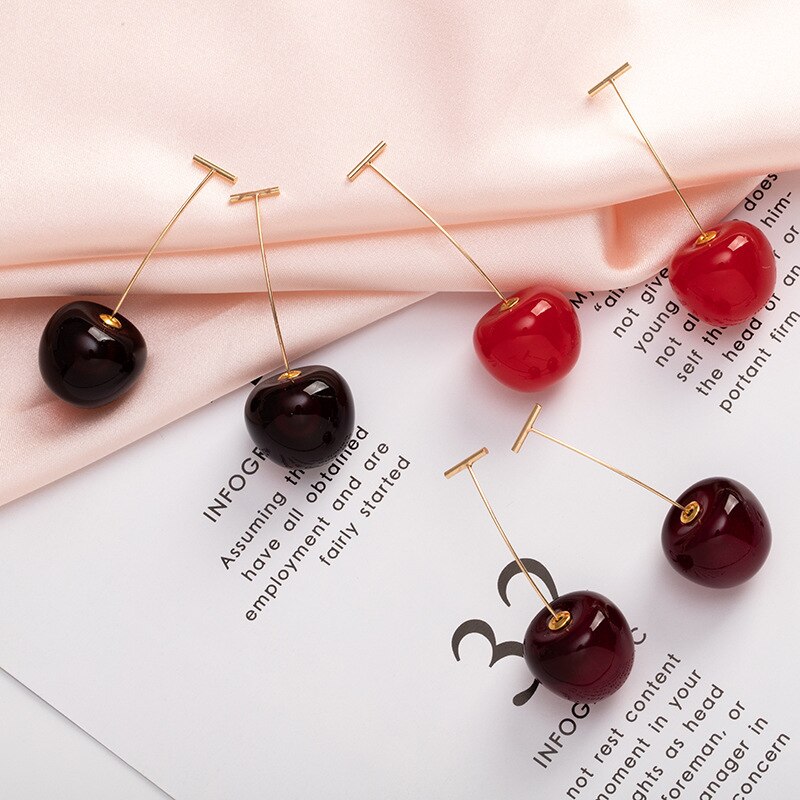 Pendientes de simulación de cereza roja para mujer y niña, aretes de resina dulce, color dorado, , 1 par, novedad